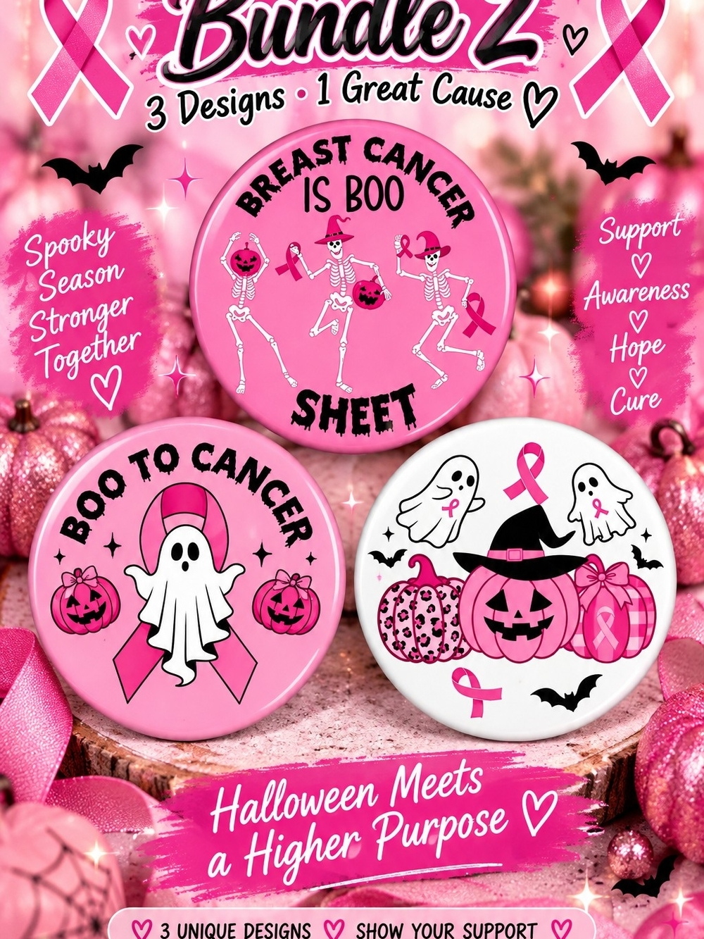 Breast Cancer Awareness Halloween Pin Bundle - Pink Ghost & Pumpkin Designs
